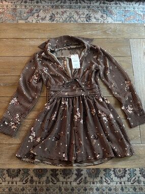 Zara Brown Floral Long-Sleeve Mini Dress with Purple